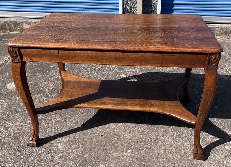 Antique Golden Oak Console Table With Drawer And Leg Shelf