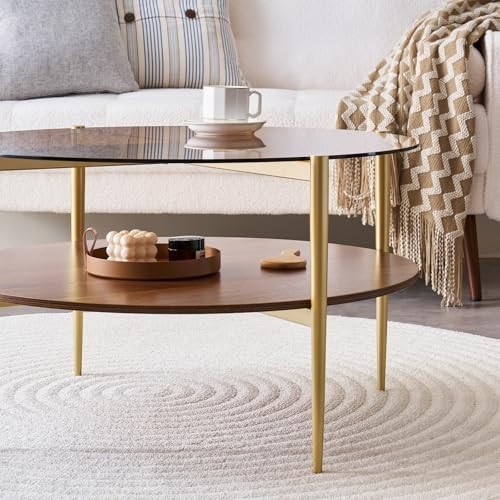Mid-Century Modern Round Coffee Table, 2-Tier Amber Glass & Walnut, Sleek Metal gallery