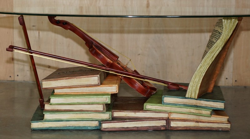 SUPER DECORATIVE MOZART STACKED BOOKS & VIOLIN COFFEE TABLE WITH GLASS OVAL TOP gallery
