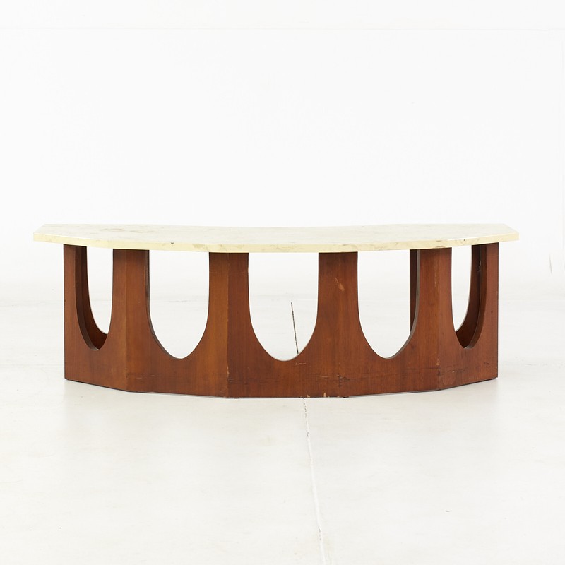 Harvey Probber Mid Century Walnut and Travertine Half Crescent Moon Coffee Table gallery