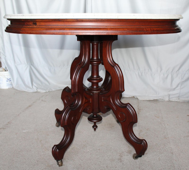 Antique Victorian Oval shaped Marble Top Walnut Parlor Table gallery