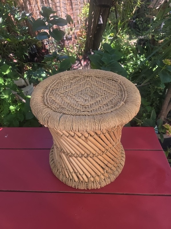 Vtg Table Plant Stand Ottoman Stool Bamboo Rattan Wicker Woven Boho Mid Century gallery