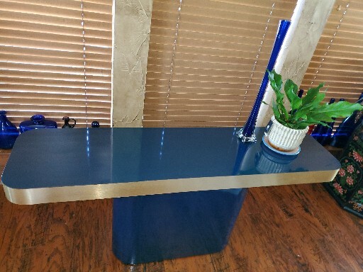 Vintage Mid-Century Modern Electric Blue Sofa or Console Table Brass Trim gallery