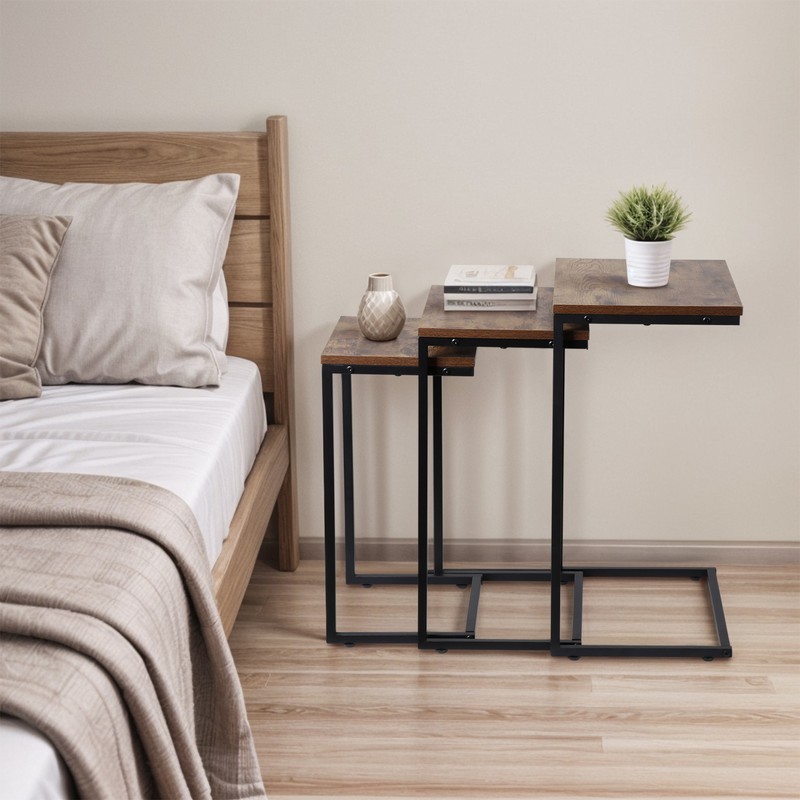 3PCS Modern Nesting Side/End Table Metal Wood Design - Sturdy Vintage Chestnut gallery