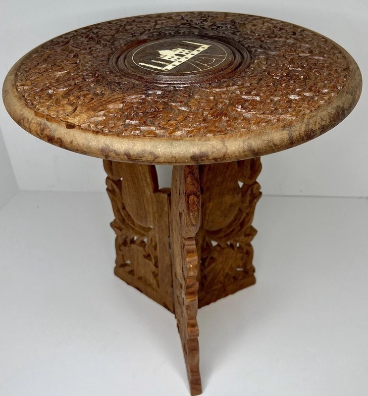 Rare Vintage India Tan Mahal Hand Carved Wood Foldable Table Ornate Inlay 13″