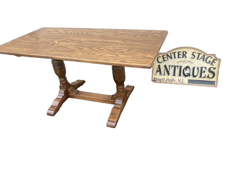 66523 Solid Oak Double Pedestal Trestle Dining Table