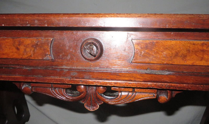 Victorian Renaissance Revival Library Desk Table - Burl Wood, Drawer w/Lock gallery