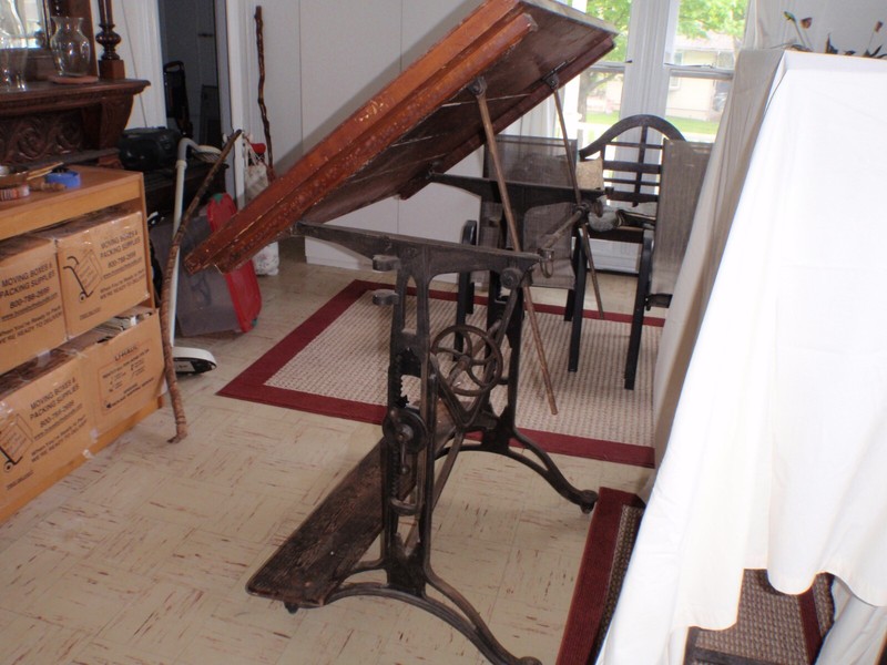 Adj. Vtg Antique Cast Iron Drafting Desk / Table Wooden top Keuffel & Esser gallery