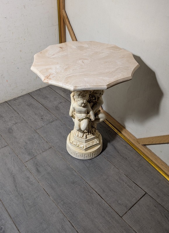 Vintage Hollywood Italian Regency Cherub Pedestal Table Scalloped Faux Marble C2 gallery