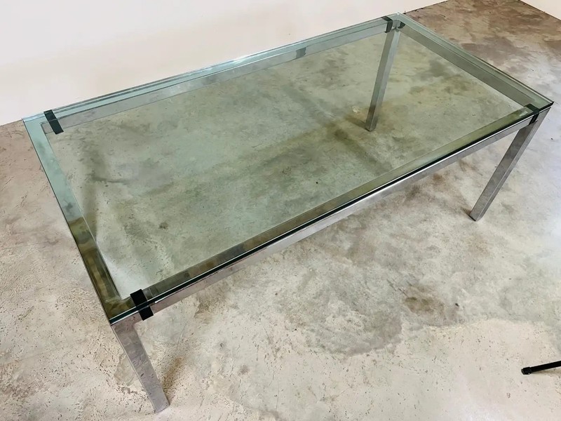 Mid-Century Milo Baughman Style Chrome And Glass Top Dining Table By Tri-Mark gallery