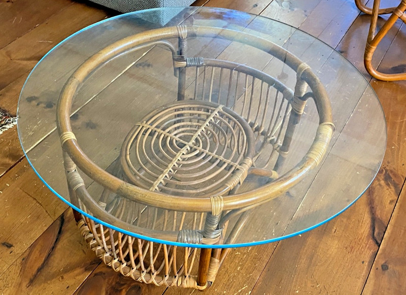 Vtg rattan Glass Coffee Table (chairs sold separately) MCM Albini Style 30"D gallery