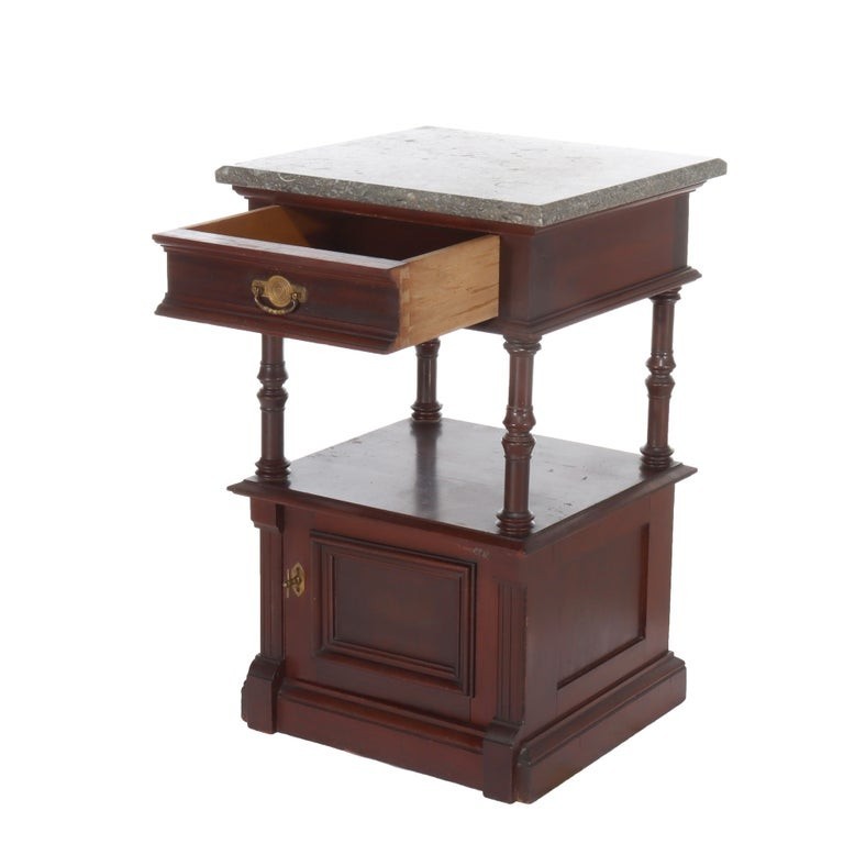 Antique Rennaisance Revival Walnut & Burl Marble Top Commode c1890 gallery