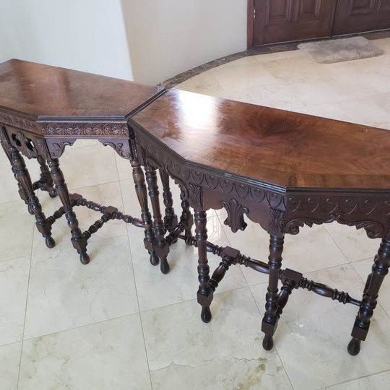 Pair of Walnut Hall Tables / Console Tables with Single Drawer