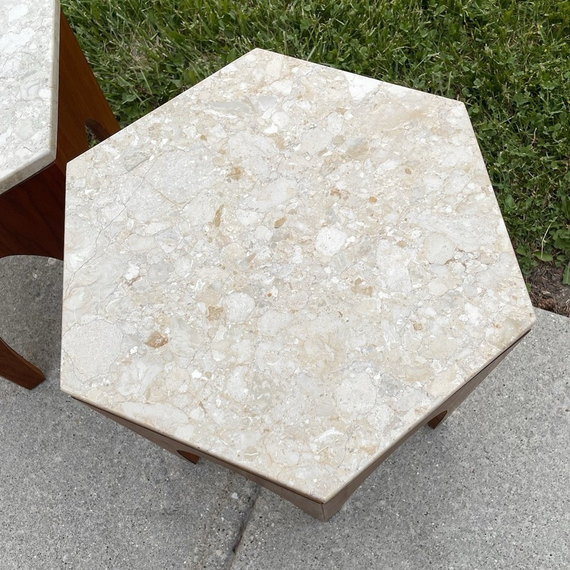 VINTAGE Harvey Probber Hexagon Travertine Marble Side Tables Pair Mid Century gallery