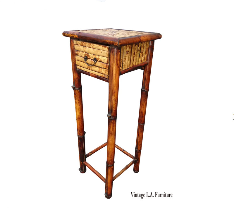 Vintage French Counry Bamboo Rattan Plant Stand ~ Side Table with a Drawer