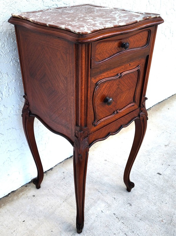 French Bedside Cabinet End Table Walnut & Marble gallery