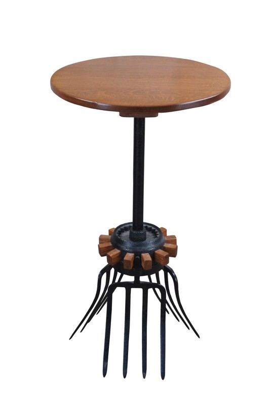 Handmade Oak Industrial Reclaimed Cast Iron Wagon Wheel Pitchfork Bistro Table gallery