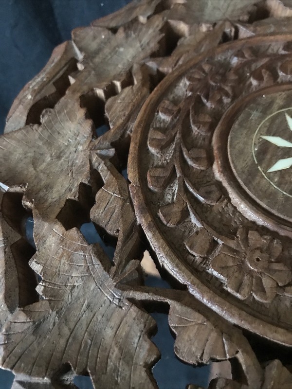 Antique Hand Carved Folding Indian Side Table Plant Stand 9" Dia 9.5" H gallery