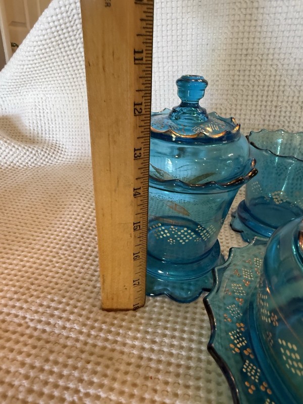 VTG Hand Painted Turquoise blue glass table set Butter, Cream, Sugar, Candy Dish gallery