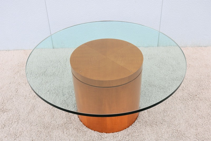 Mid-Century Modern Style 39 in Round Clear Glass Top Drum Wood Base Coffee Table gallery