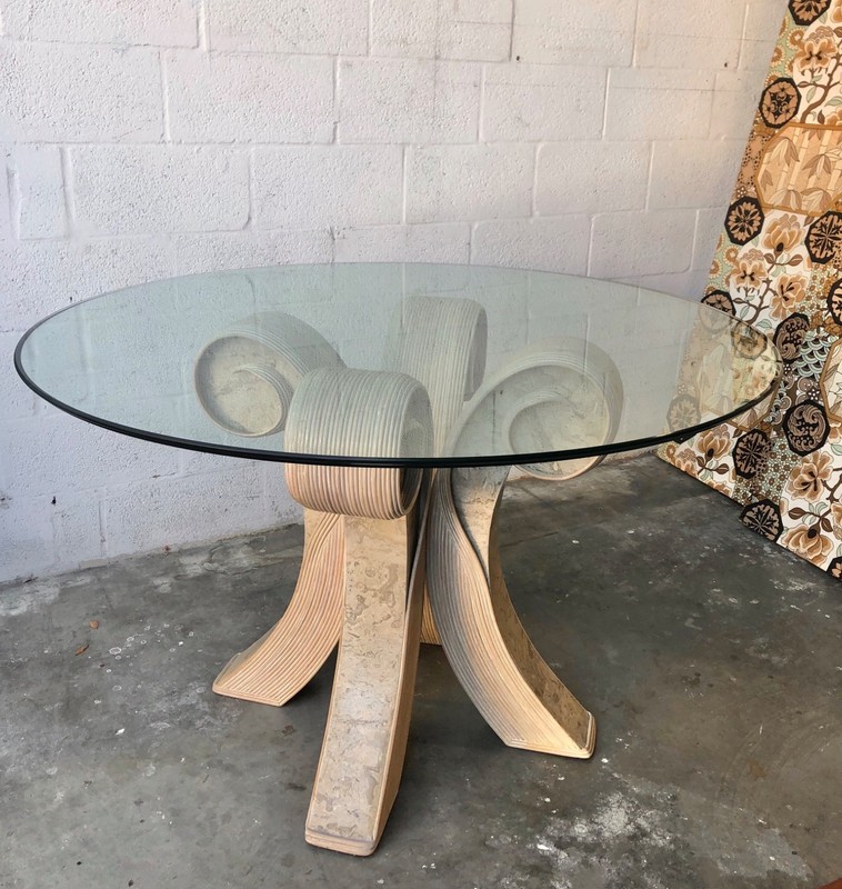 Vintage Coastal Twisted Pretzel Rattan Dining Table in the Betty Cobonpue Style. gallery