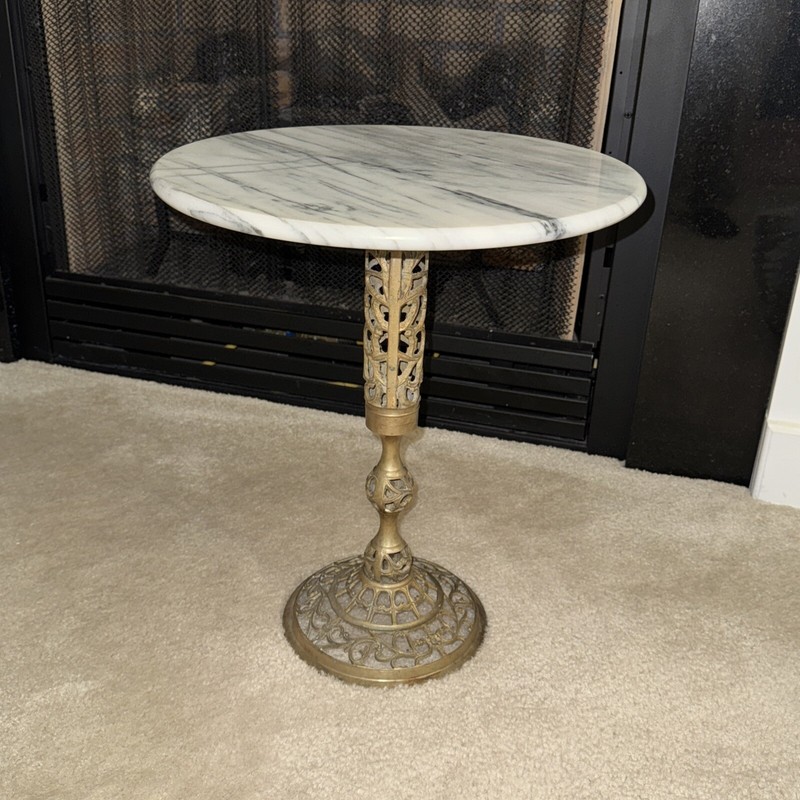 Vintage French Style Marble Top Brass Filigree Base Table
