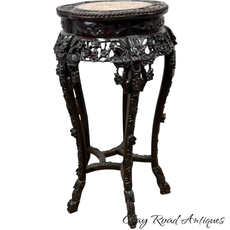 Antique carved rosewood Chinese plant fern stand pedestal marble top table stand gallery