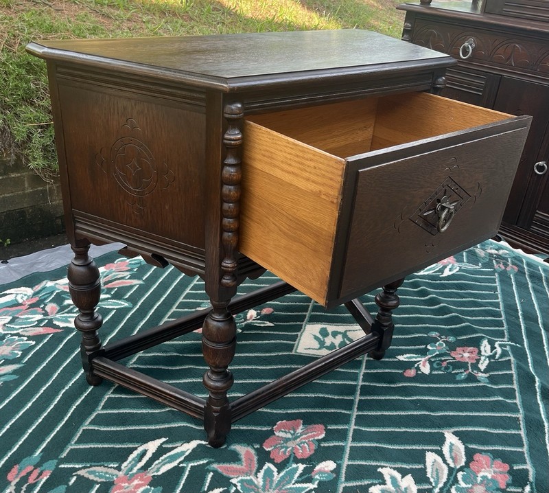 Tomlinson 1930s/40s Jacobean Revival Gothic Carved Romano Oak Server/ Side Table gallery