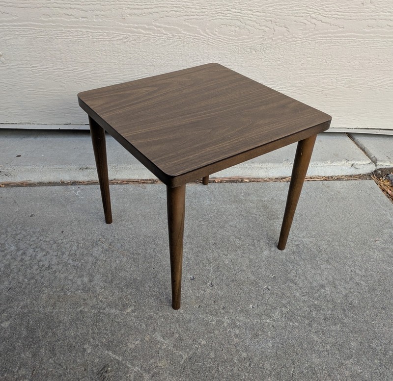Vintage Mid Century Modern Atomic Formica Walnut Wood Square Side End Table H95 gallery