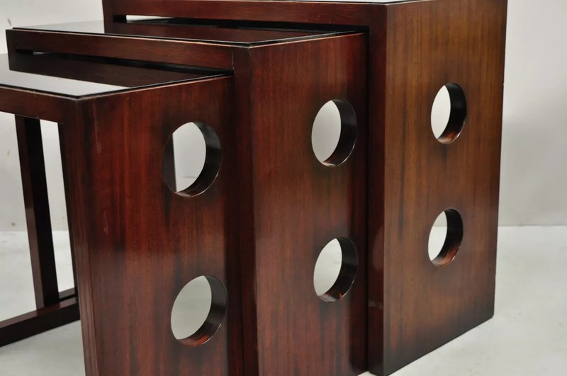 James Mont Mid Century Modern Mahogany & Glass Top Art Deco Nesting Side Tables gallery