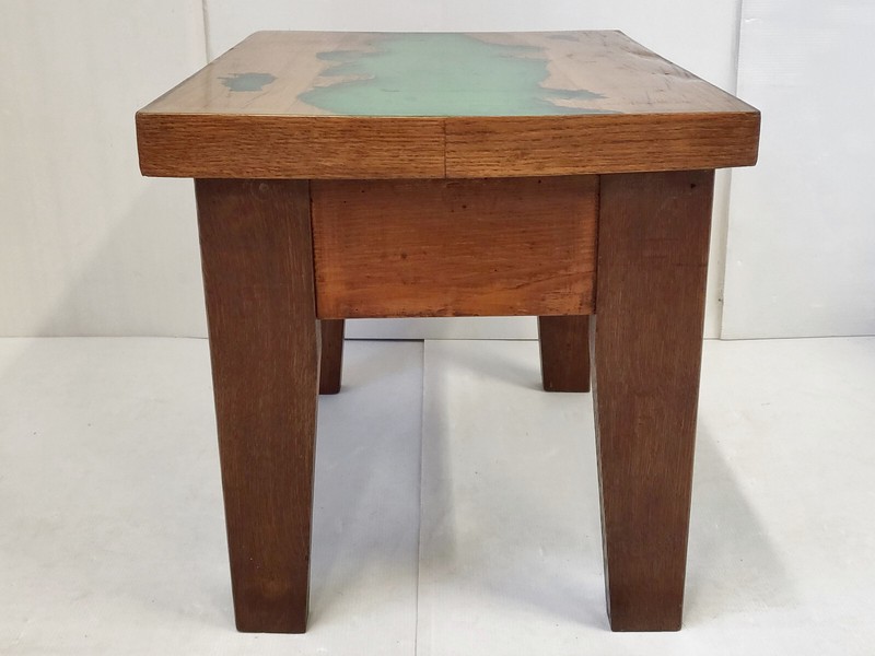 Vintage 1970 Epoxy Resin Green Side Table & Solid Oak 70S Brutalist gallery
