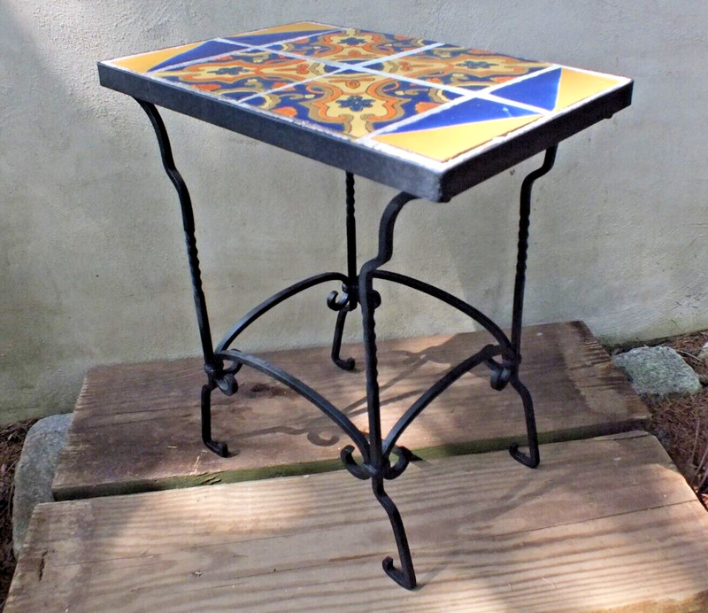 C1929 Hispano Moresque Spanish Revival Tile Top Table with Wrought Iron Base gallery