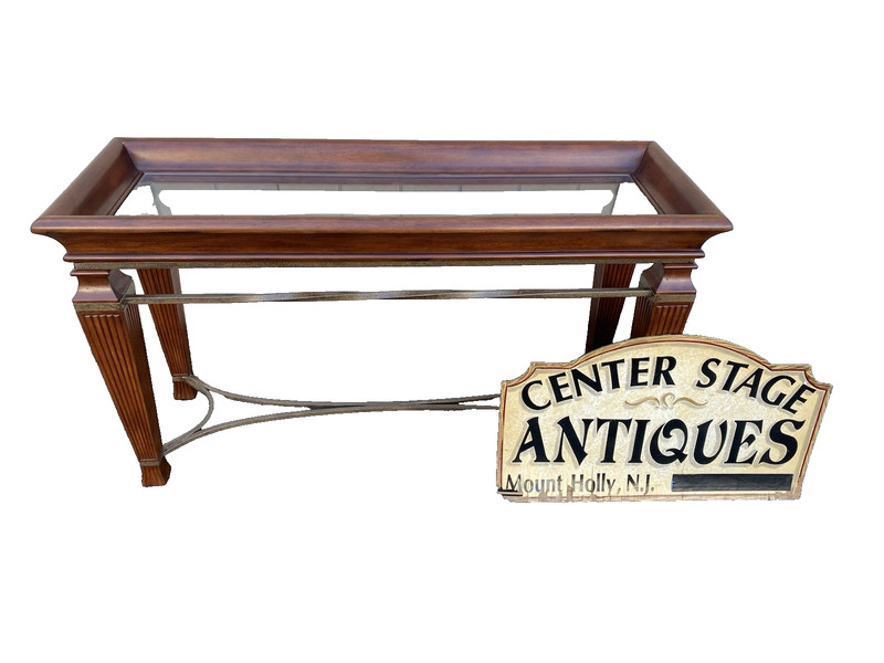 66537 Mahogany Console Library Table with Glass Insert