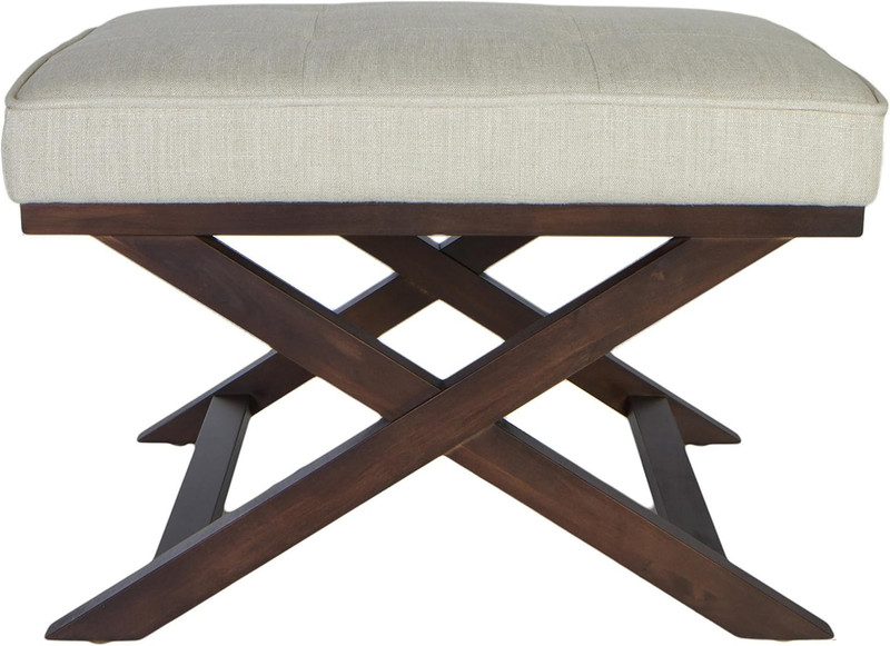 Beige Linen Ari “X” Bench with Elegant Walnut Wood Legs