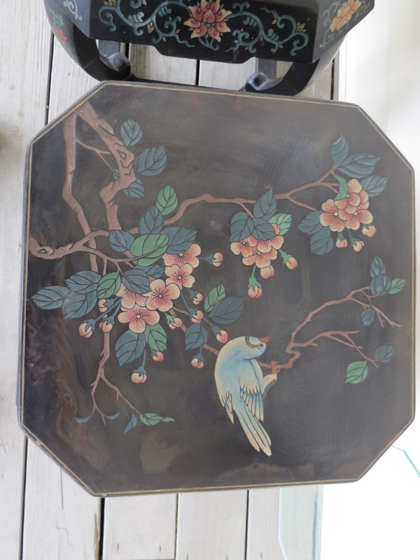 Pair Of Vintage Oriental Asian Hand Painted & Lacquered Bird & Flower Tables gallery