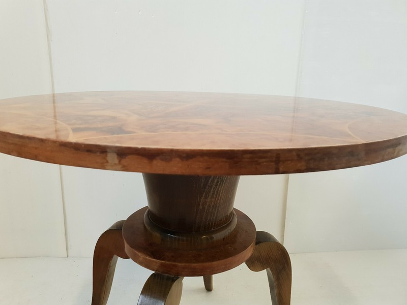 Vintage Side Table Gueridon Walnut Varnish Marquetry 1940s 1950s gallery