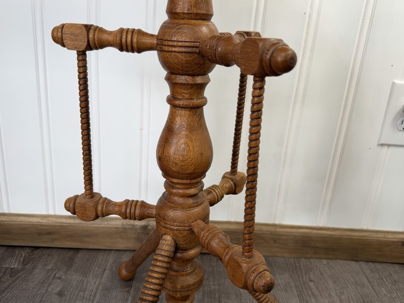 Antique Oak Round Accent Table with Turned Spool Tripod Base Plant Stand gallery