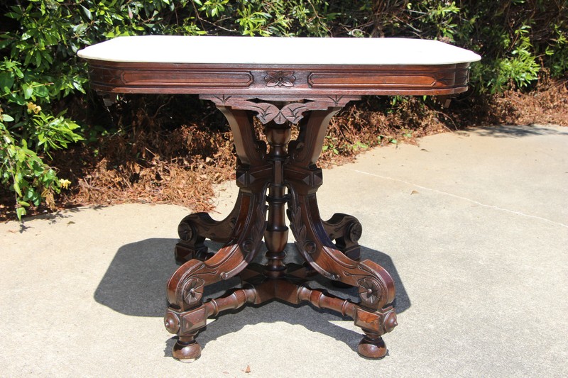 Large Fancy Walnut Victorian Marble Top Table with Ornate Stretcher Base Ca.1870