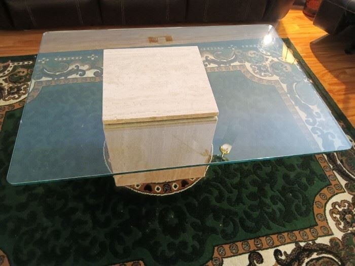 Vintage Marble Occasional Table with Floating Marble Center Glass Travertine
