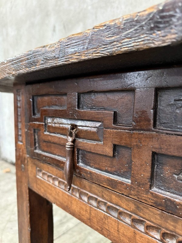 18th C. Spanish Beautifully Rustic Carved-Wood Trestle-Leg Table with Drawer gallery