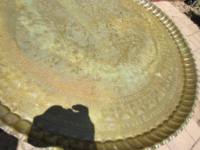 Vintage Mid Century Round Brass Egyptian Motif Folding Platter Moroccan Table gallery