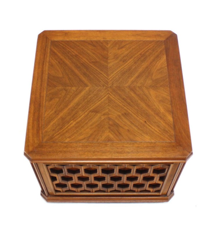 Walnut Carved Honeycomb Pattern One Door Cube Square Shape Side End Table Stand gallery