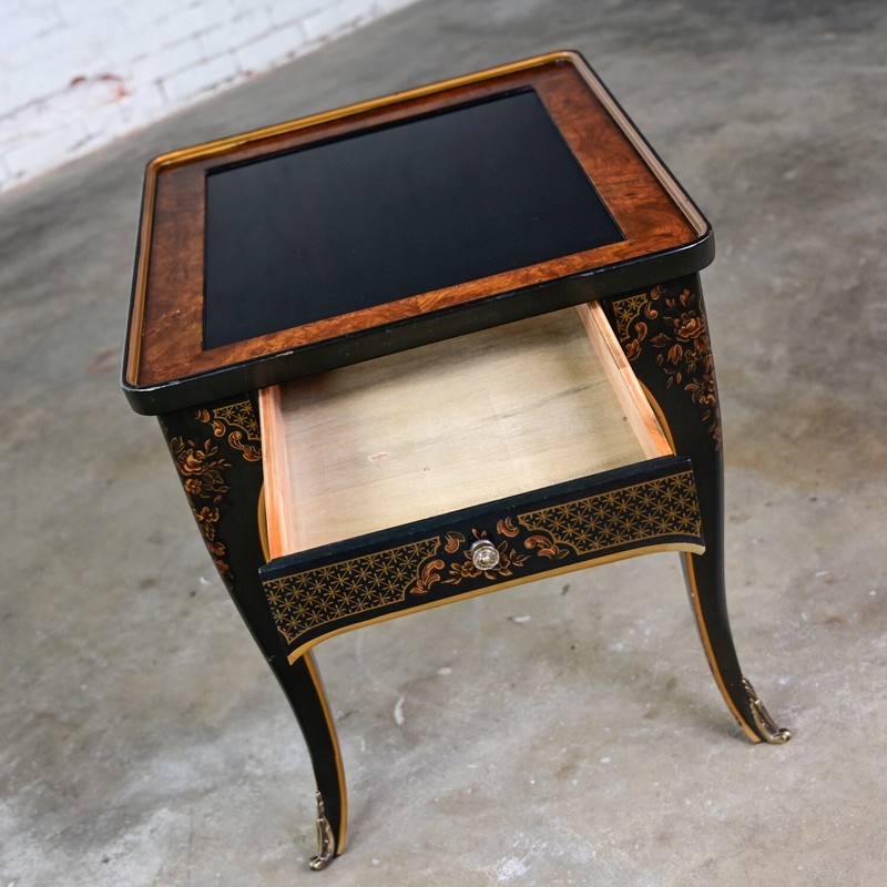 1982 Drexel Heritage ET Cetera Chinoiserie End Table Black & Burl with Ormolu gallery