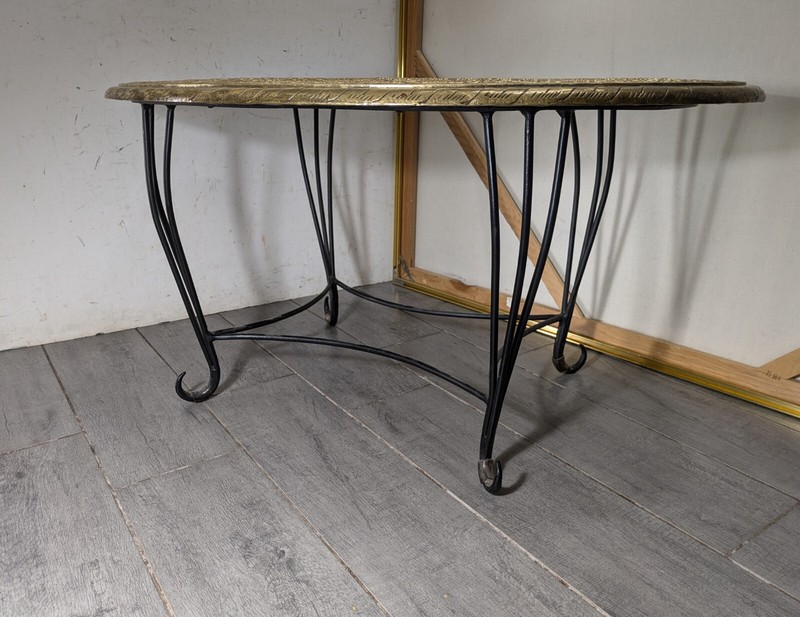 Vintage Moroccan Asian Oriental Style Embossed Brass Tin Wrought Iron Table gallery
