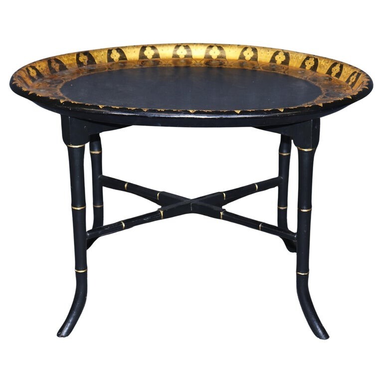 Ebonized Faux Bamboo English Chinoiserie Mother of Pearl Coffee Table