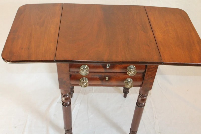 Great 19th C. American Walnut Drop Leaf Side End Pembroke Table with Two Drawers gallery