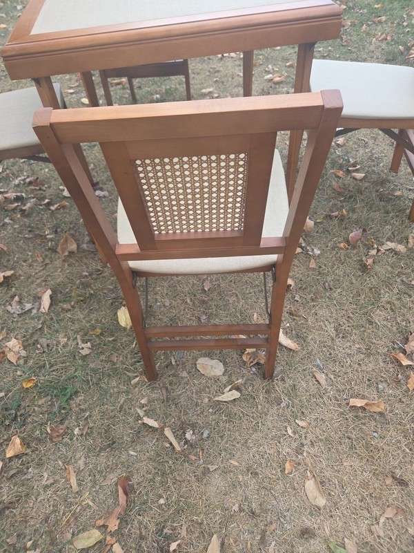 MID CENTURY STAKMORE CANE BACK FOLDING CARD TABLE AND CHAIRS SEE PHOTO DESCRIPT. gallery