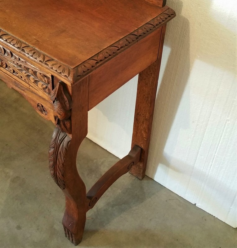 Antique Table Foyer Entry Table Beautiful Hand Carved Wood Large Center Drawer gallery
