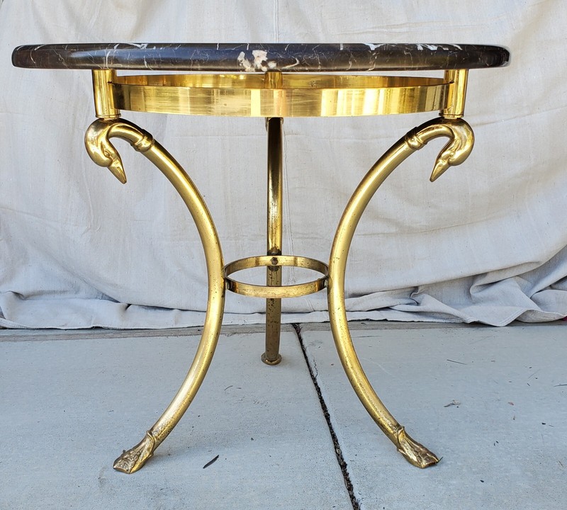 Mid Century Modern Custom Marble Top Brass Swan Neck 30" Table Hollywood Regency gallery