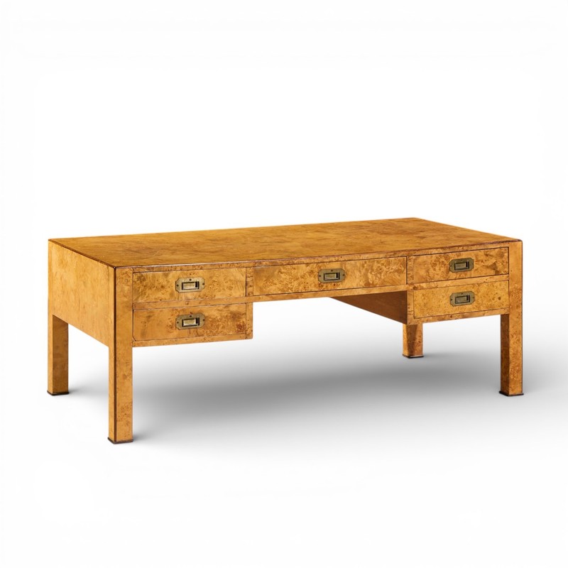 Baker Furniture Campaign Style Burlwood and Brass Coffee Table